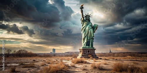 A haunting abandoned statue of liberty in a desolate landscape photo