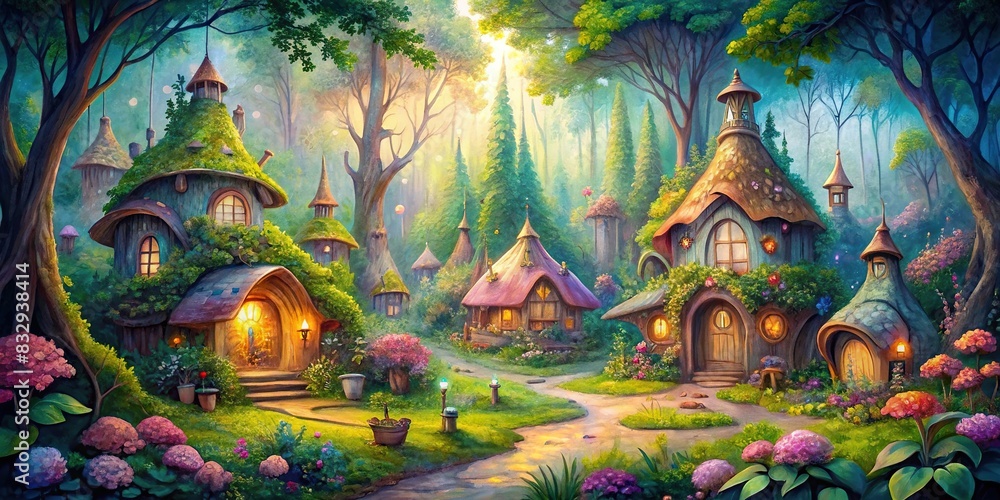 Watercolor of quaint fairy houses in a magical forest setting