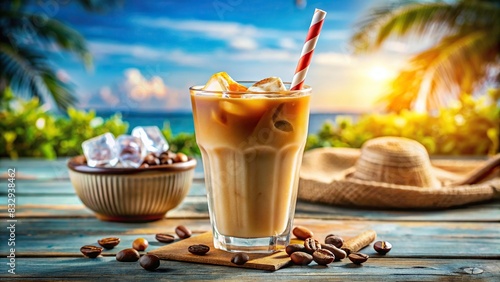A refreshing summer iced coffee with ice cubes, milk, and a straw on a background