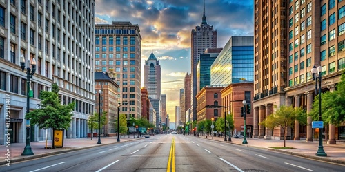 Empty street view of downtown Detroit, Michigan, USA photo