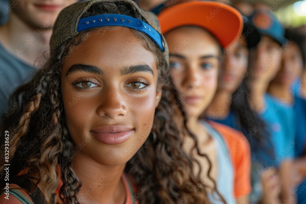 Teenage girl with captivating green eyes and an orange cap surrounded by friends in jerseys Teenage girl with captivating green eyes and an orange cap surrounded by friends in jerseys