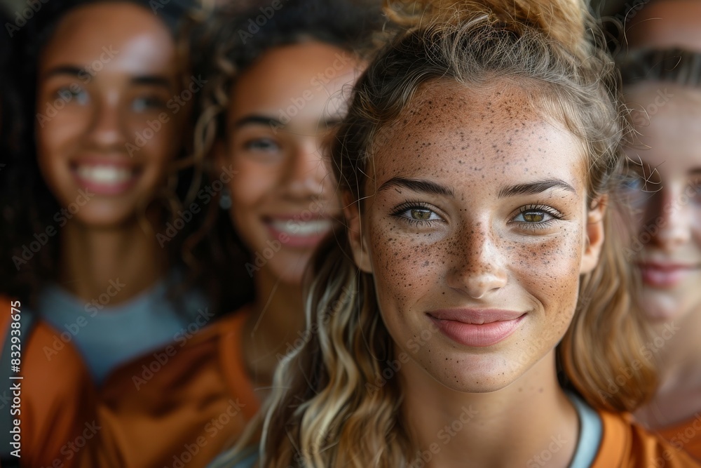 Fototapeta premium Close-up portrait of a teenage girl in sportswear with teammates smiling in the background