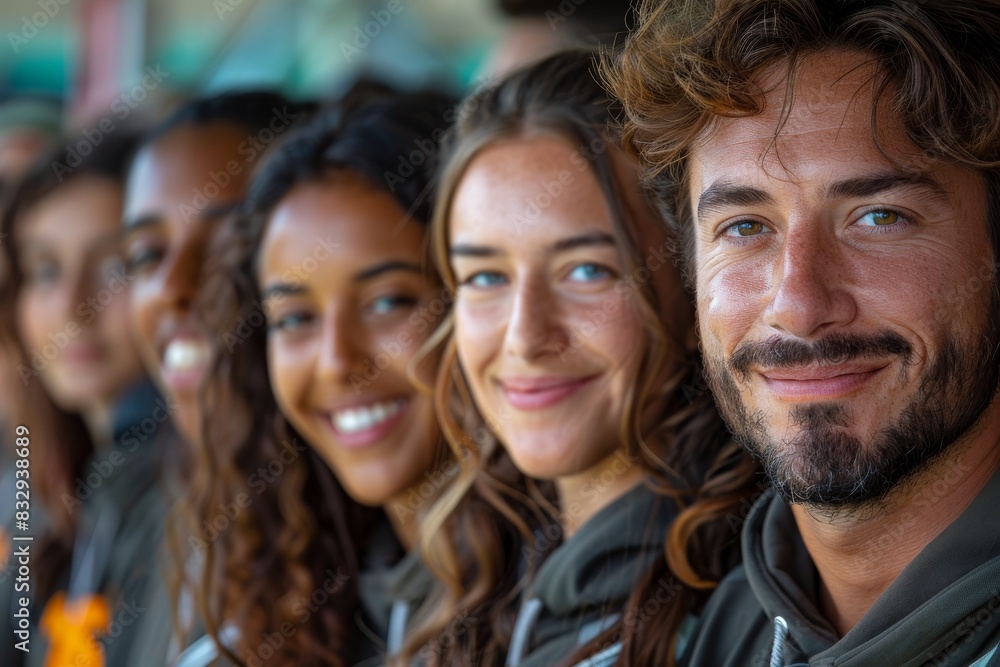 A smiling diverse group of friends pose together, with a young woman in the foreground A smiling diverse group of friends pose together, with a young woman in the foreground
