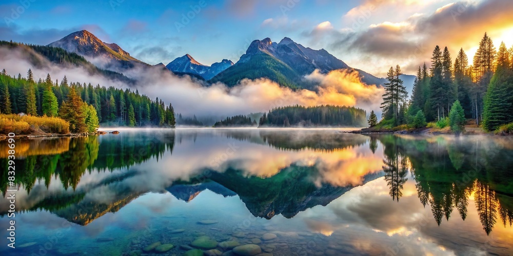 © surapong - A serene lake nestled in foggy mountains during the early morning