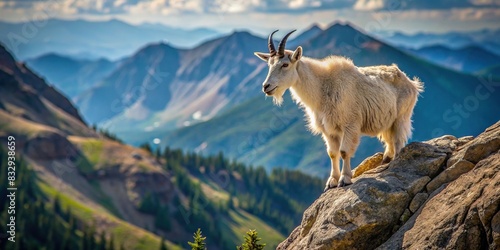 Mountain goat perched on a rugged rock in the wilderness