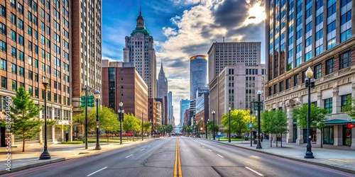 Empty street view of downtown Detroit  Michigan  USA