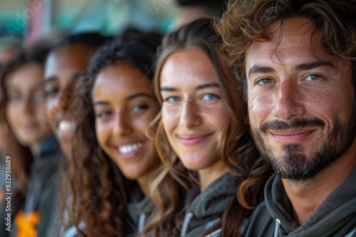 A smiling diverse group of friends pose together, with a young woman in the foreground