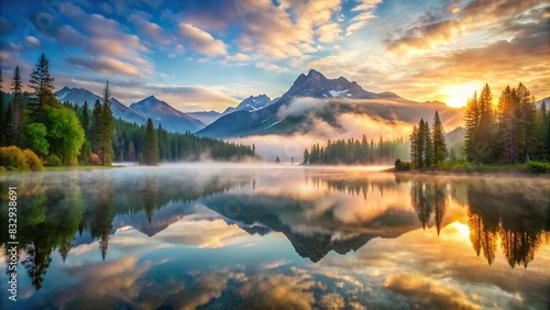 Mist enveloping a picturesque mountain lake at sunrise photo