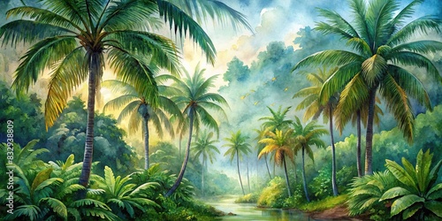 Watercolor painting of palm trees in a lush jungle forest