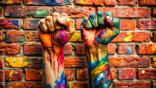 Graffiti covered hands against a brick wall, one hand clenched in a fist photo