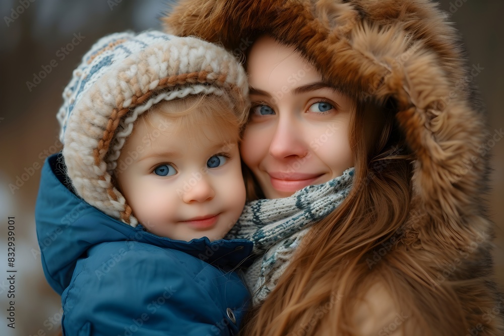 Portrait of a smiling child in a winter hat outdoors with family, capturing love, joy, and happiness Portrait of a smiling child in a winter hat outdoors with family, capturing love, joy, and happiness