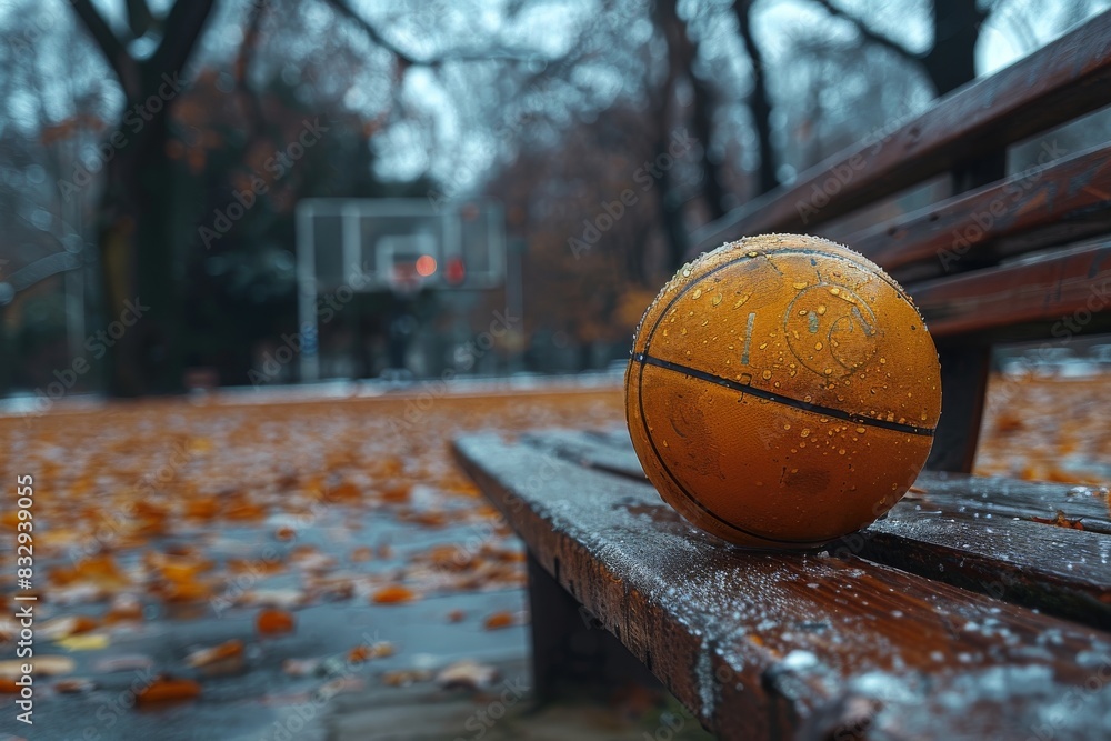 A wet basketball rests on a park bench with a blurred basketball court in the background on a rainy day A wet basketball rests on a park bench with a blurred basketball court in the background on a rainy day