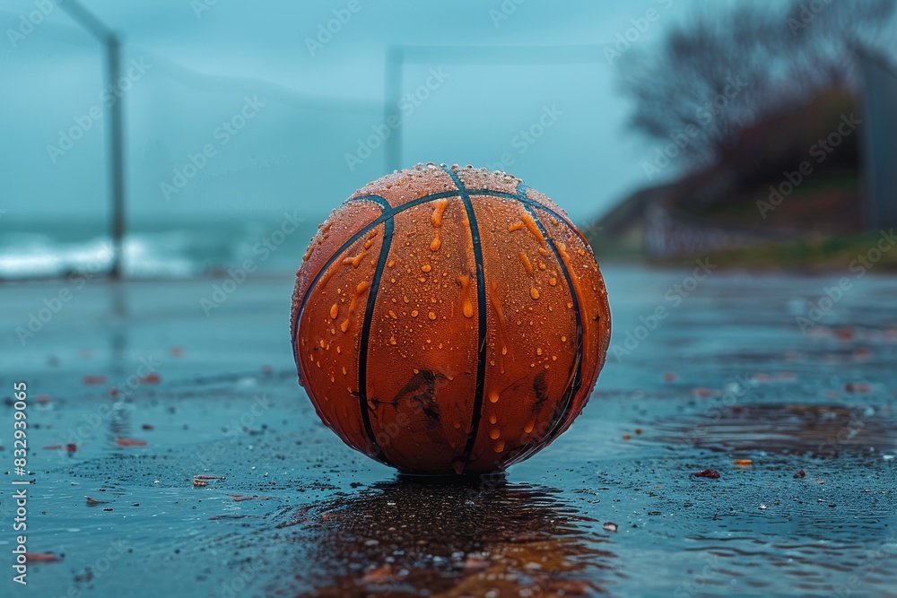 An orange basketball covered in moisture beads on a coastal path with the ocean in the background An orange basketball covered in moisture beads on a coastal path with the ocean in the background