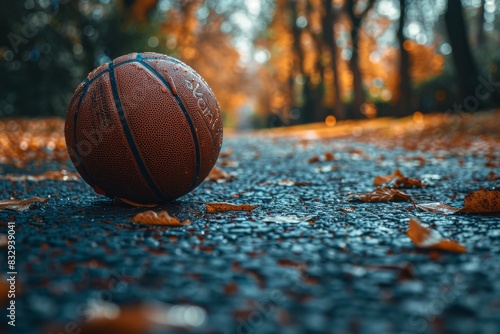 A basketball stands alone on a wet park path with autumn leaves scattered around, evoking a sense of pause in play
