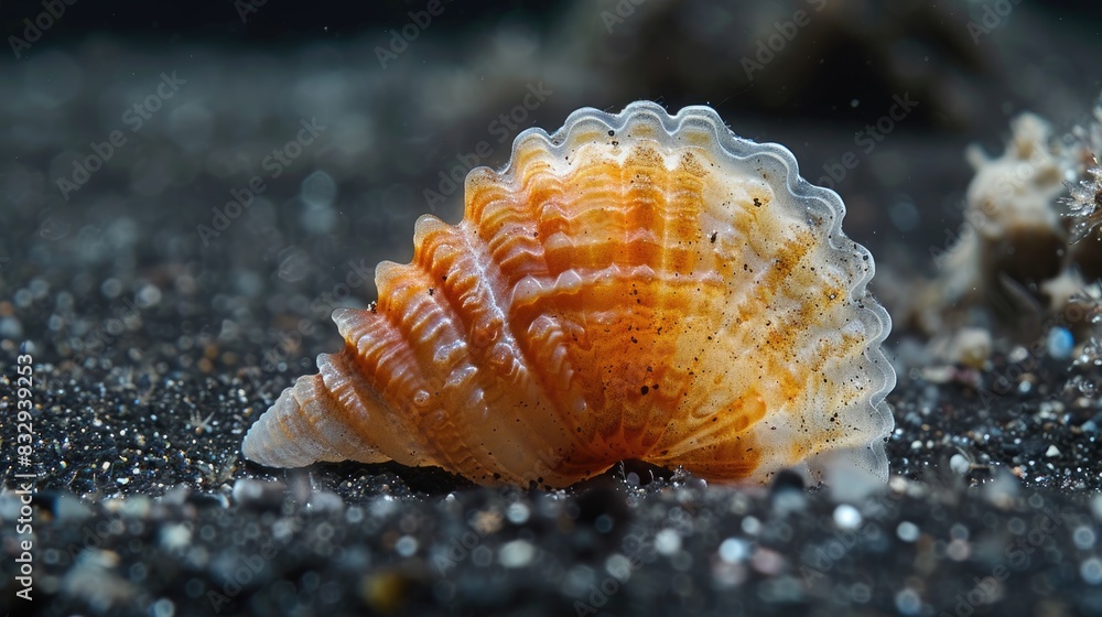 Close up of Turbinidae lunella undulata seashell with a black sand backdrop Close up of Turbinidae lunella undulata seashell with a black sand backdrop