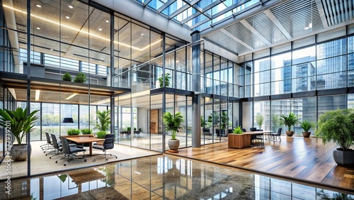 Modern office building interior with glass walls and high ceilings photo