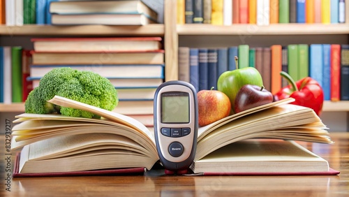 A calming image of a blood glucose monitor surrounded by open books on mental health, nutrition, and diabetes management photo