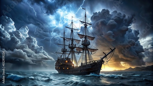 Eerie black pirate ship sailing under stormy skies photo