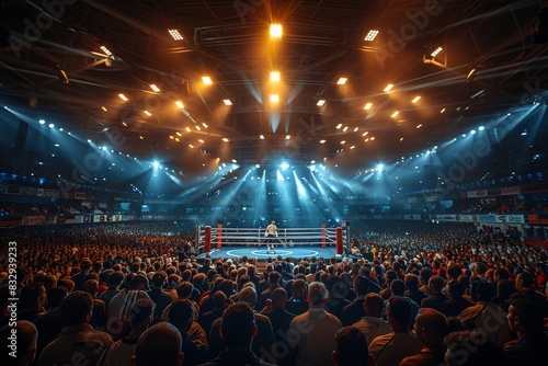 A large crowd watches a boxing match in an illuminated arena with a ring at the center
