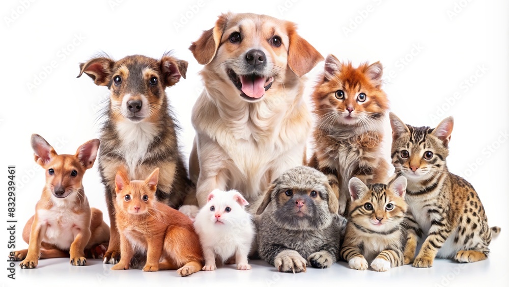 A collection of cute pets animals isolated on a white background