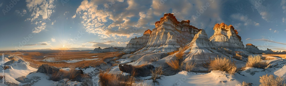 Fototapeta premium A panoramic view of a nature badland, the rugged landscape and unique rock formations creating a dramatic scene