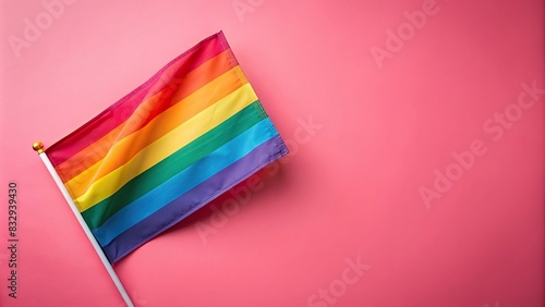 Vibrant LGTBIQ rainbow flag with copy space on pink background photo
