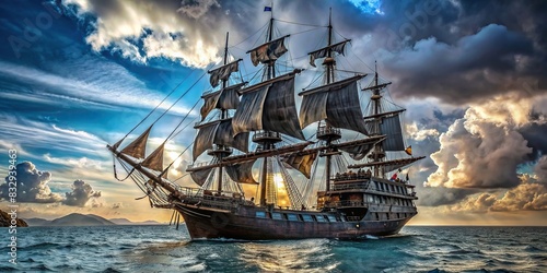Black pirate ship with full masts sailing on the ocean photo