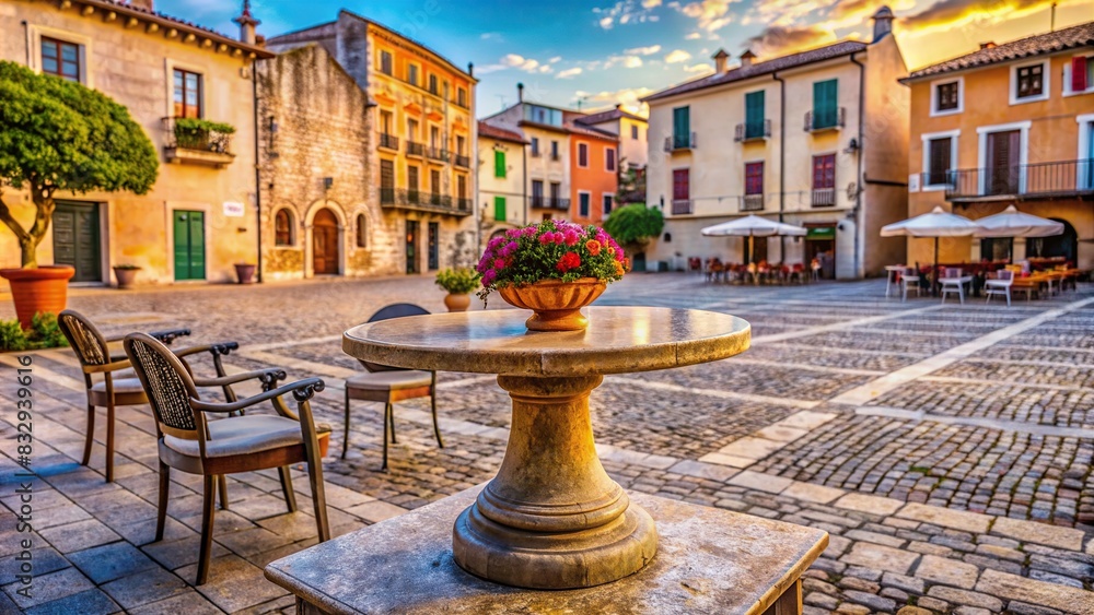 Elegant stone table against a vibrant historical town square backdrop for cultural tourism