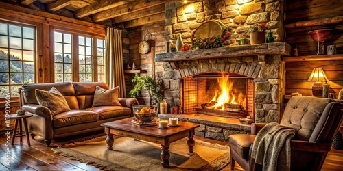 Cozy fireplace with crackling flames in a rustic living room photo