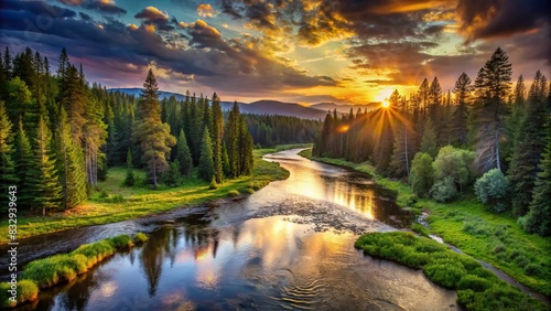 Description Serene landscape of a lush forest at sunset with a river running through, perfect for a wilderness adventure backdrop photo