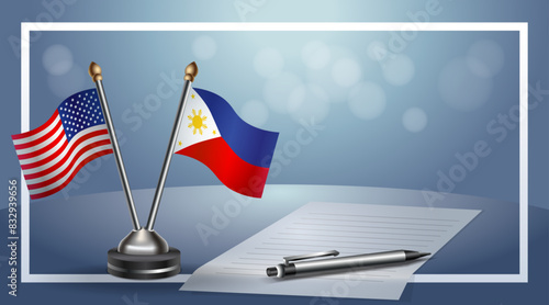 USA and Philippines Small national flag on bokeh background, cooperative relationship
