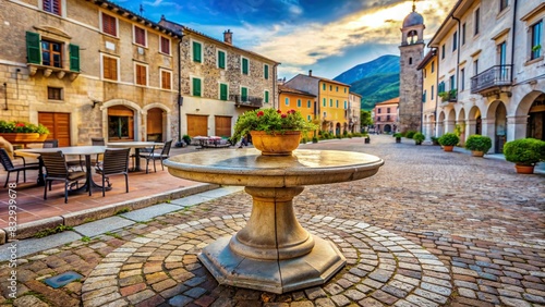 Elegant stone table against a vibrant historical town square backdrop for cultural tourism