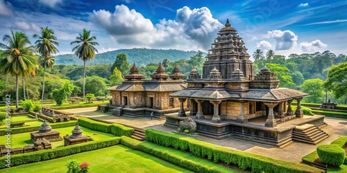 A traditional ancient temple surrounded by lush greenery in a historical site