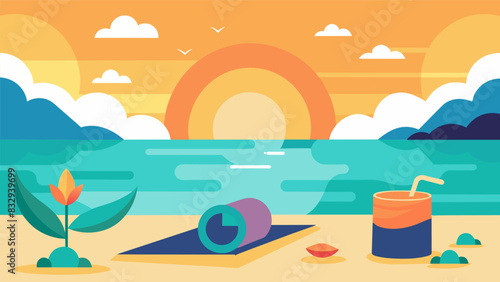 Dreamy Beach Retreat Experience the calming effects of the ocean and warm sun with a virtual beach retreat featuring yoga and guided visualization.. Vector illustration
