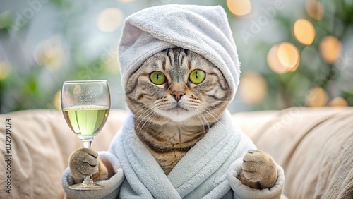 Cat pampering at spa with cucumber slices on eyes  wearing bathrobe and turban  holding a glass of champagne