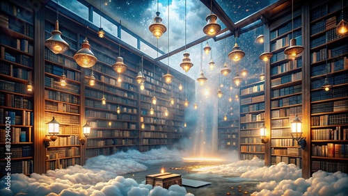 A serene library filled with floating books, glowing with magical light, and surrounded by ethereal mist, symbolizing a mind brimming with imagination photo