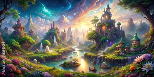 Enchanting fantasy landscape with mystical creatures and magical elements
