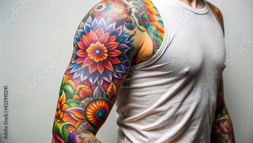 Modern and colorful sleeve tattoo pattern on white background photo