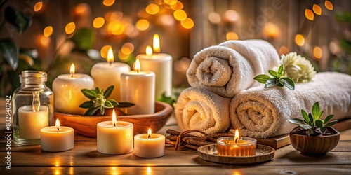 Luxurious spa setting at home  with candles  soft towels  and aromatic essential oils