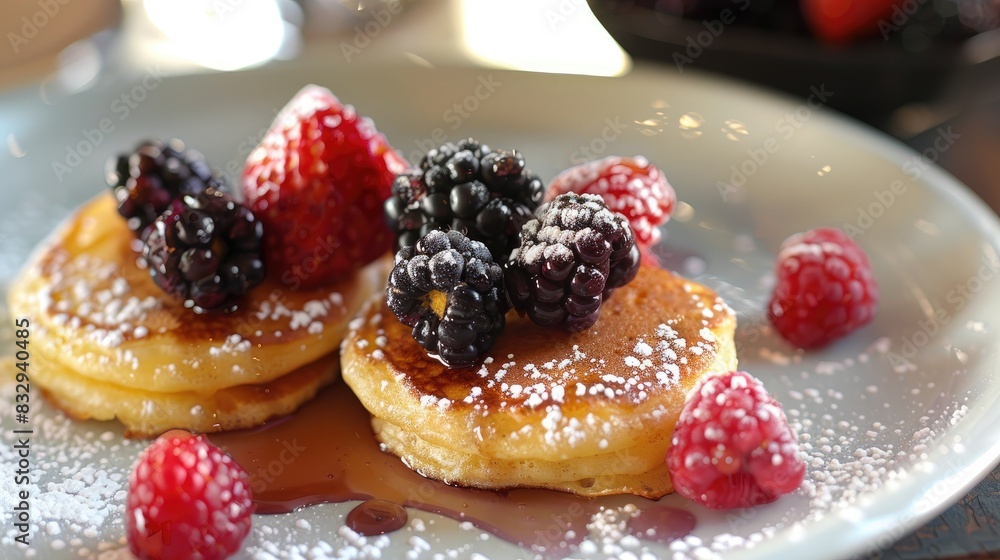 Berries on top of mini pancakes create a delightful breakfast scene Berries on top of mini pancakes create a delightful breakfast scene