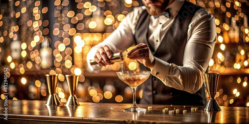 Elegant vintage bar counter with a cocktail being carefully crafted by a bartender in soft focus, set against a shimmering gold bokeh backdrop photo