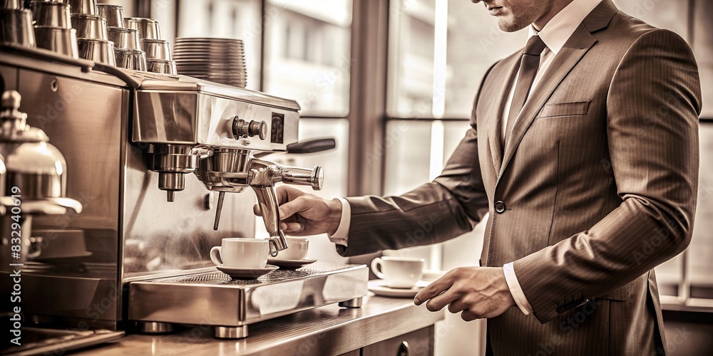 Monochrome sepia stock photo of a coffee machine preparing coffee, with a businessman in a suit