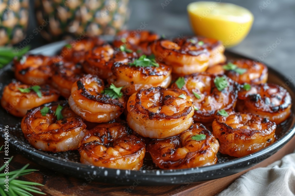 Plate of Grilled Shrimp With Lemon Wedge Plate of Grilled Shrimp With Lemon Wedge