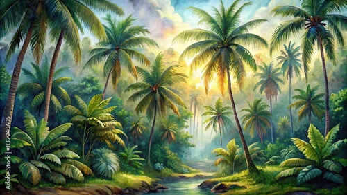 Decorative watercolor painting of palm trees in a jungle forest landscape