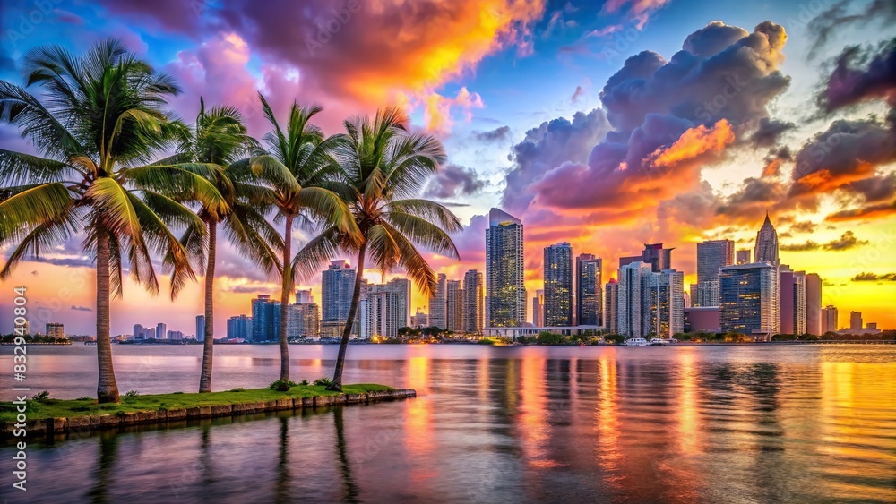 Vibrant Miami skyline at sunset with palm trees and ocean views