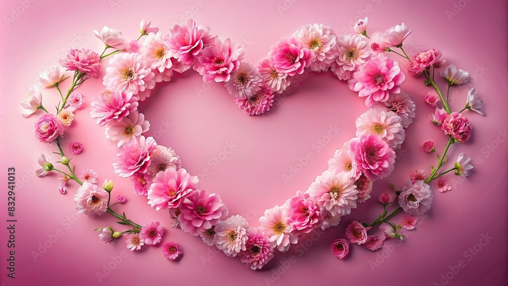 Heart outline formed by beautiful pink flowers with a soft pink background