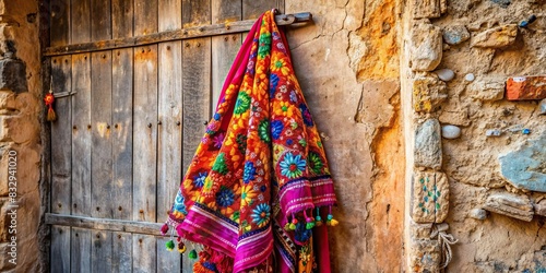 Brightly colored dupatta hanging on rustic wall photo