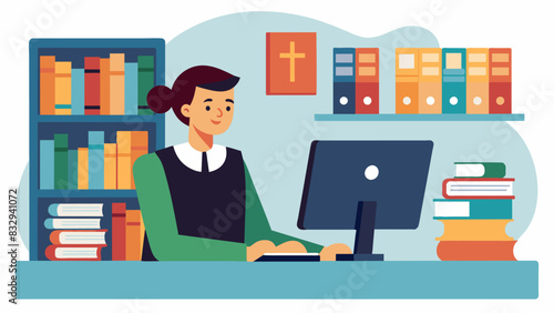 The church librarian creating a digital catalog of the librarys resources for easier access and organization.. Vector illustration