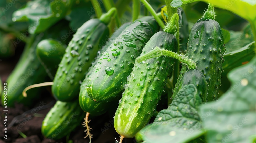 Close up view of cucumbers grown in a garden as an environmentally friendly product Close up view of cucumbers grown in a garden as an environmentally friendly product
