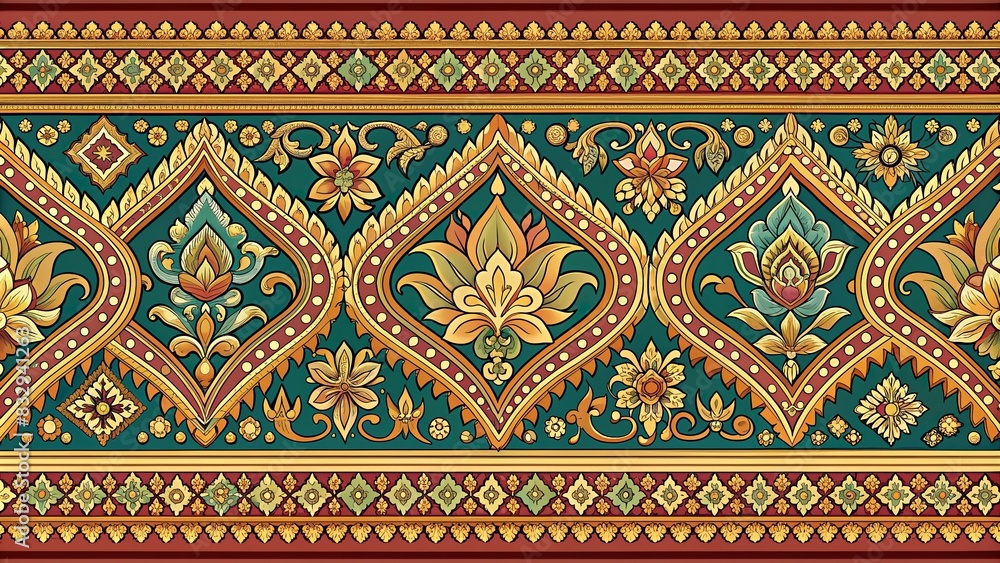 Ornate Thai pattern border with detailed motifs and decorative elements in a vintage style